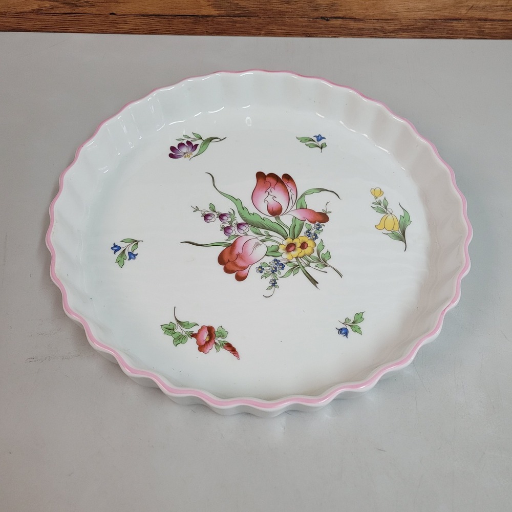 Spode Marlborough Sprays Oven to‎ Tableware Tart Quiche Pie Dish Floral Pink Rim
